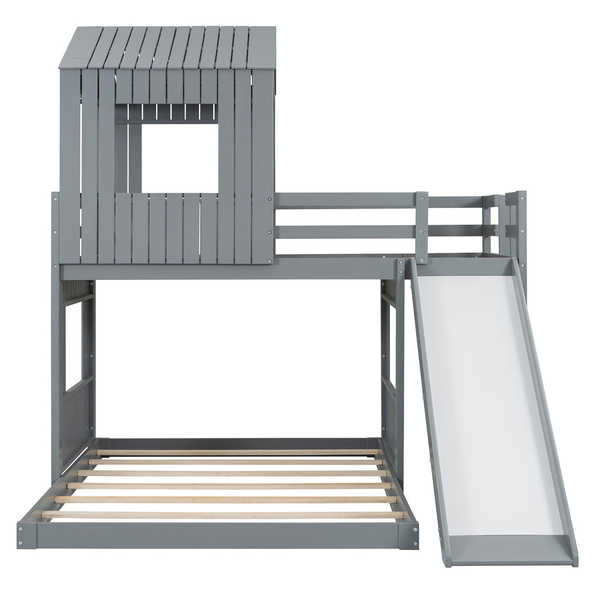 Loft Bunk Bed With Playhouse, Slide, and Guardrails - Twin Over Full