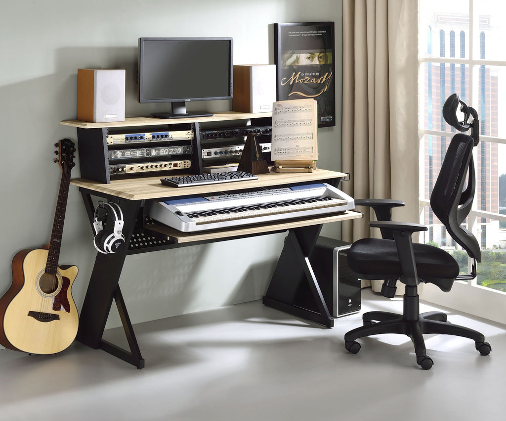 Eleazar Music Recording Studio Desk with Keyboard Tray and Storage - Natural Oak