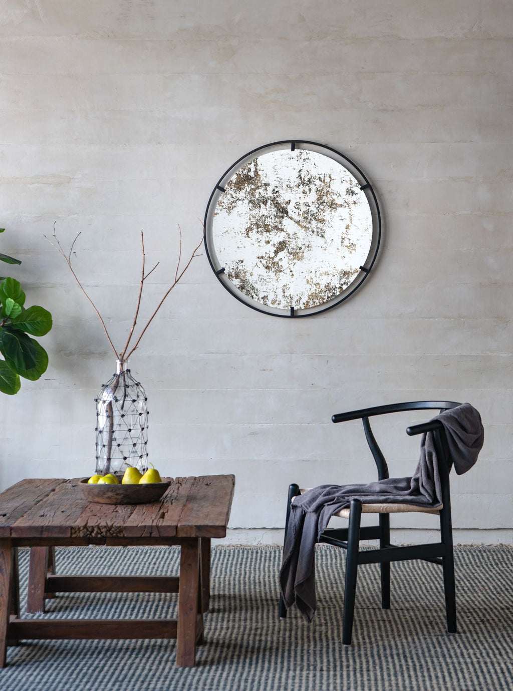 Round Industrial Wall Mirror with Metal Frame - Black