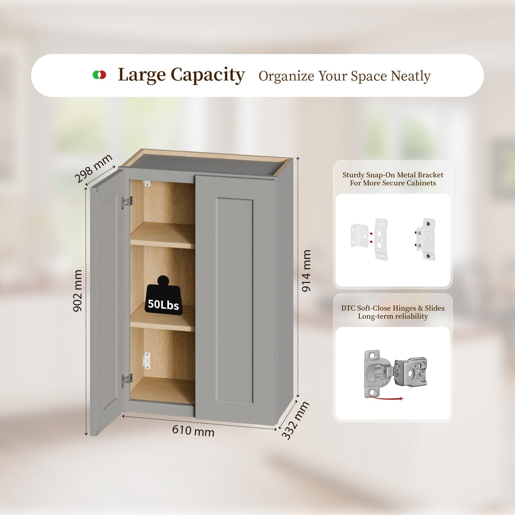 Gray Shaker Solid Wood Wall Cabinet with Soft-Close Doors - Gray