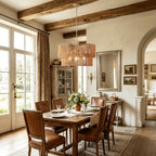 2 Tier Boho Wabi Sabi Chandelier with Handwoven Rattan Shade - Gold