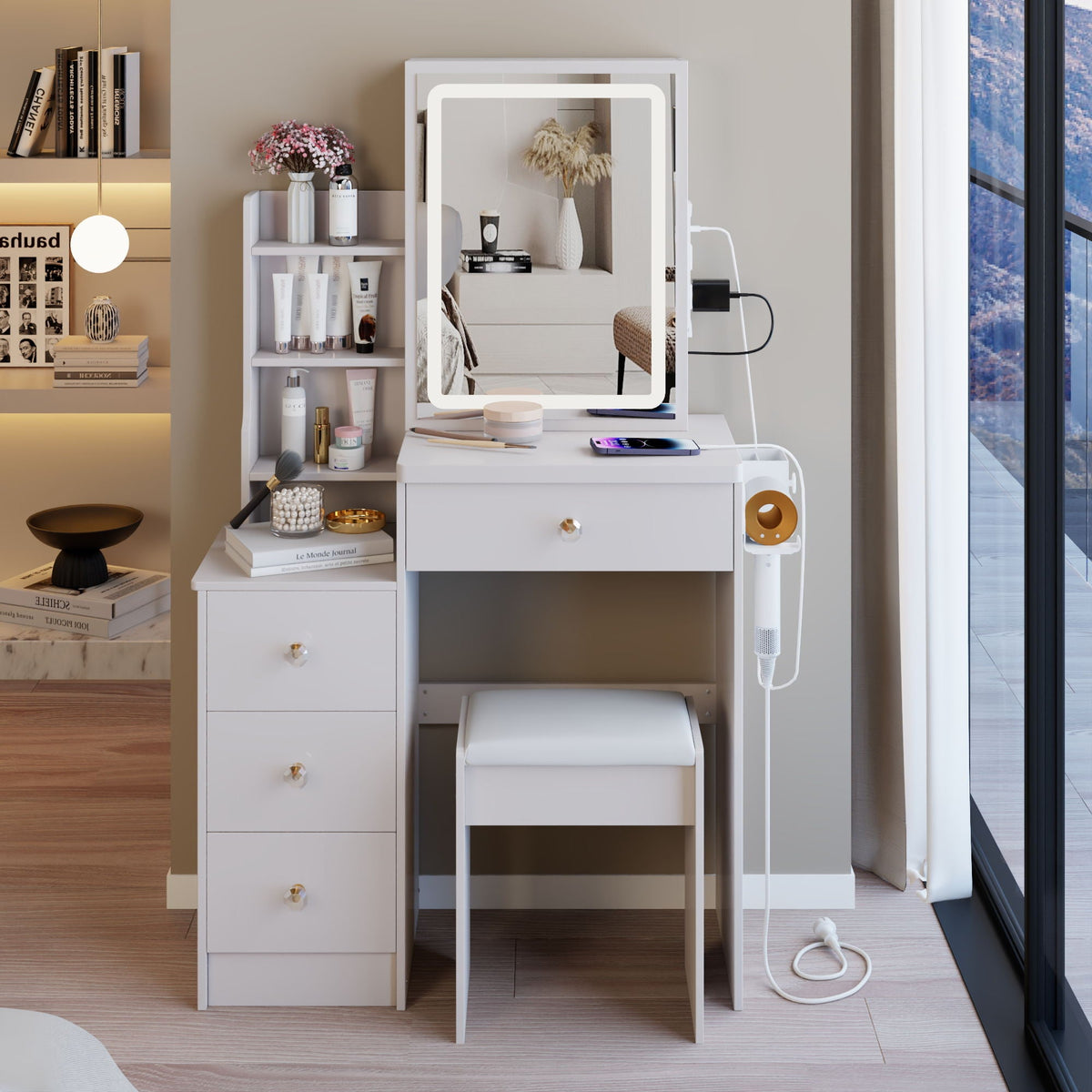 White Vanity Set with USB Power Station and Cushioned Stool