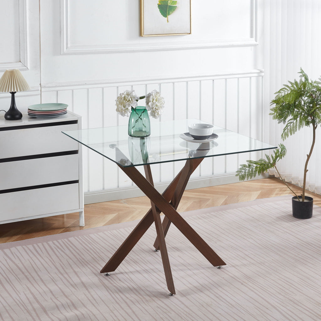 Modern Tempered Glass Dining Table with Cross Metal Legs - Multiple Colors