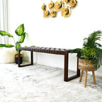 Cognac Brown Upholstered Bench with Genuine Leather Seat - Mid-Century Modern