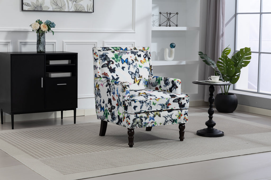 Upholstered Accent Chair with Solid Wood Legs - Vintage Armchair - Blue and White