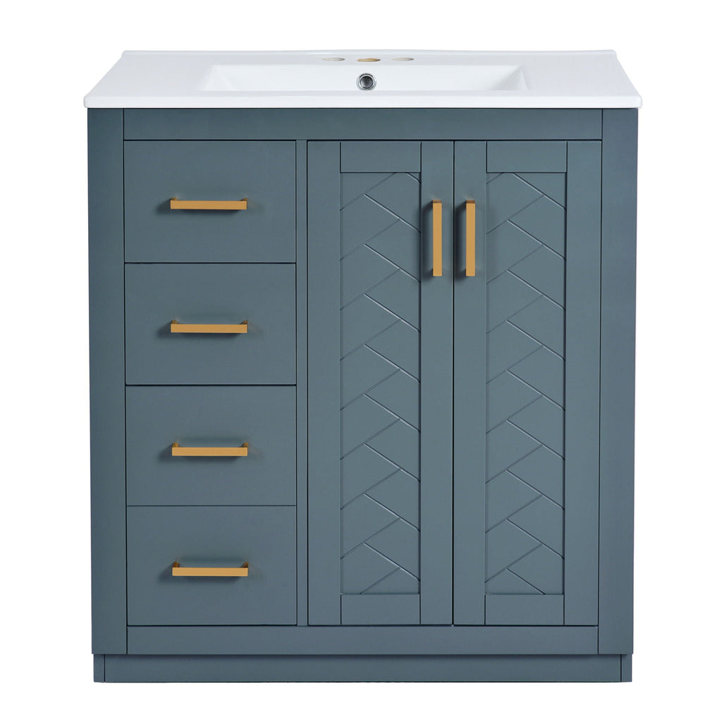 Ceramic Sink Vanity Combo with 3 Drawers and Soft Closing Doors - 30"