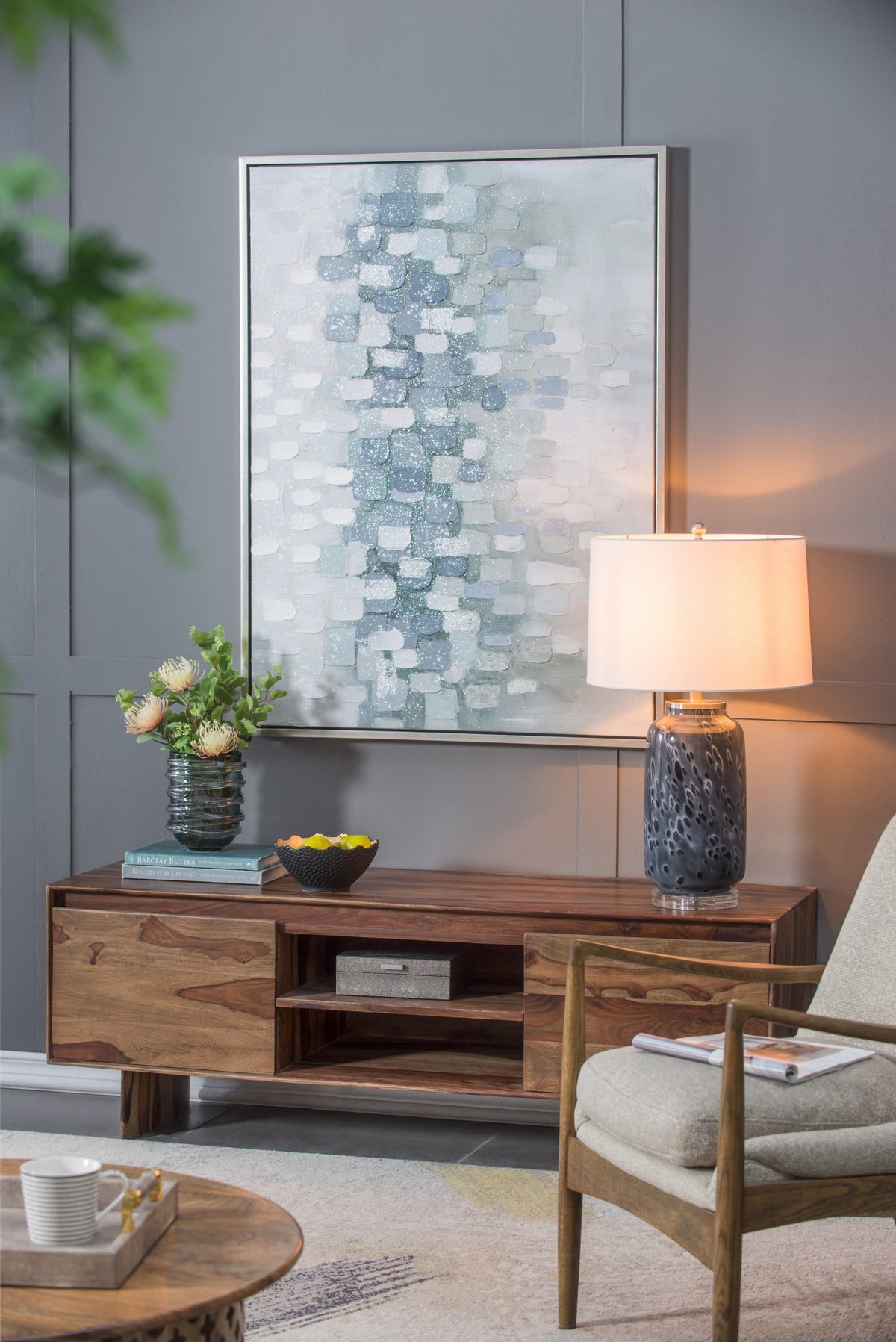 Ellis Glass Table Lamp with Blue Base and Linen Shade