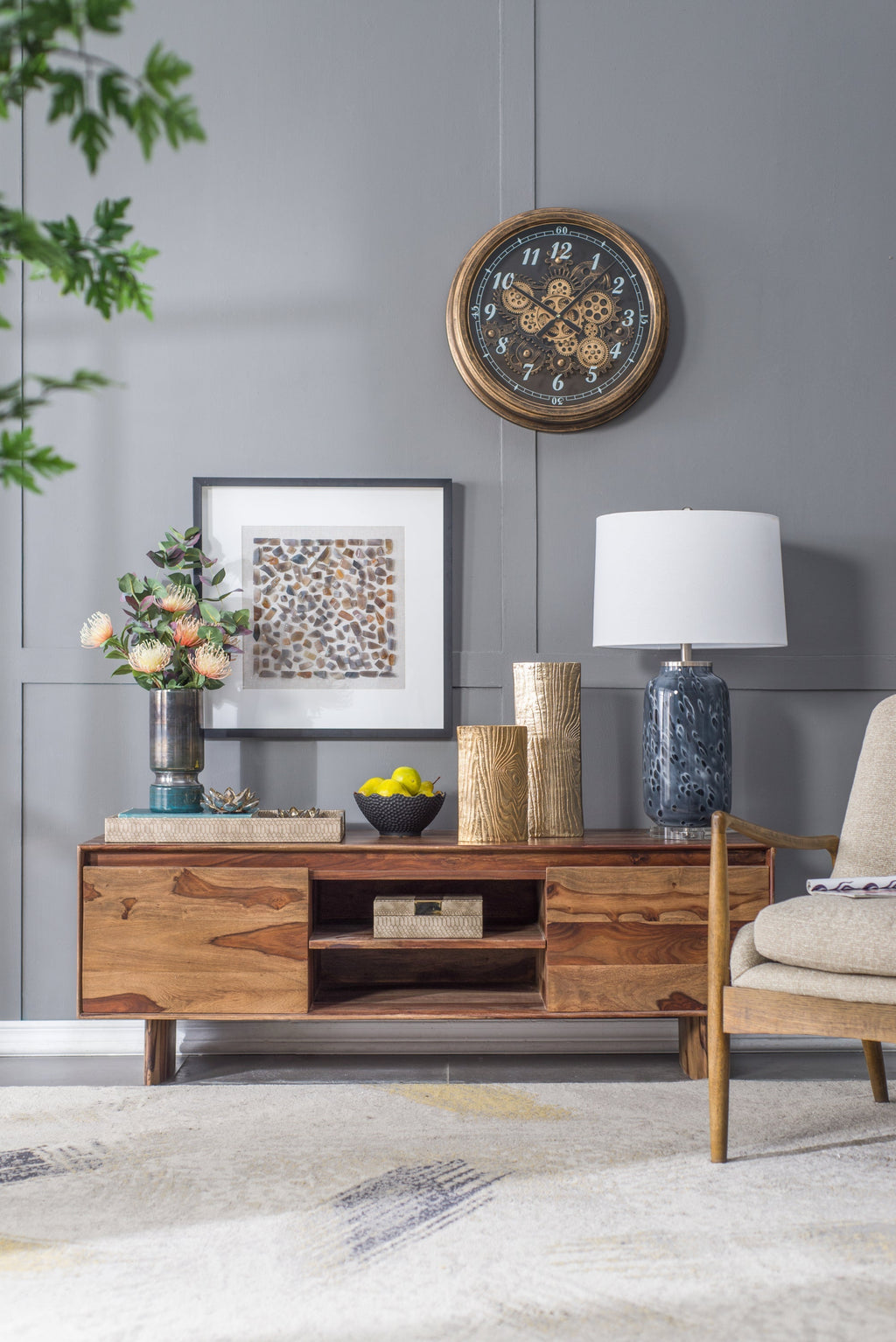 Ellis Glass Table Lamp with Blue Base and Linen Shade