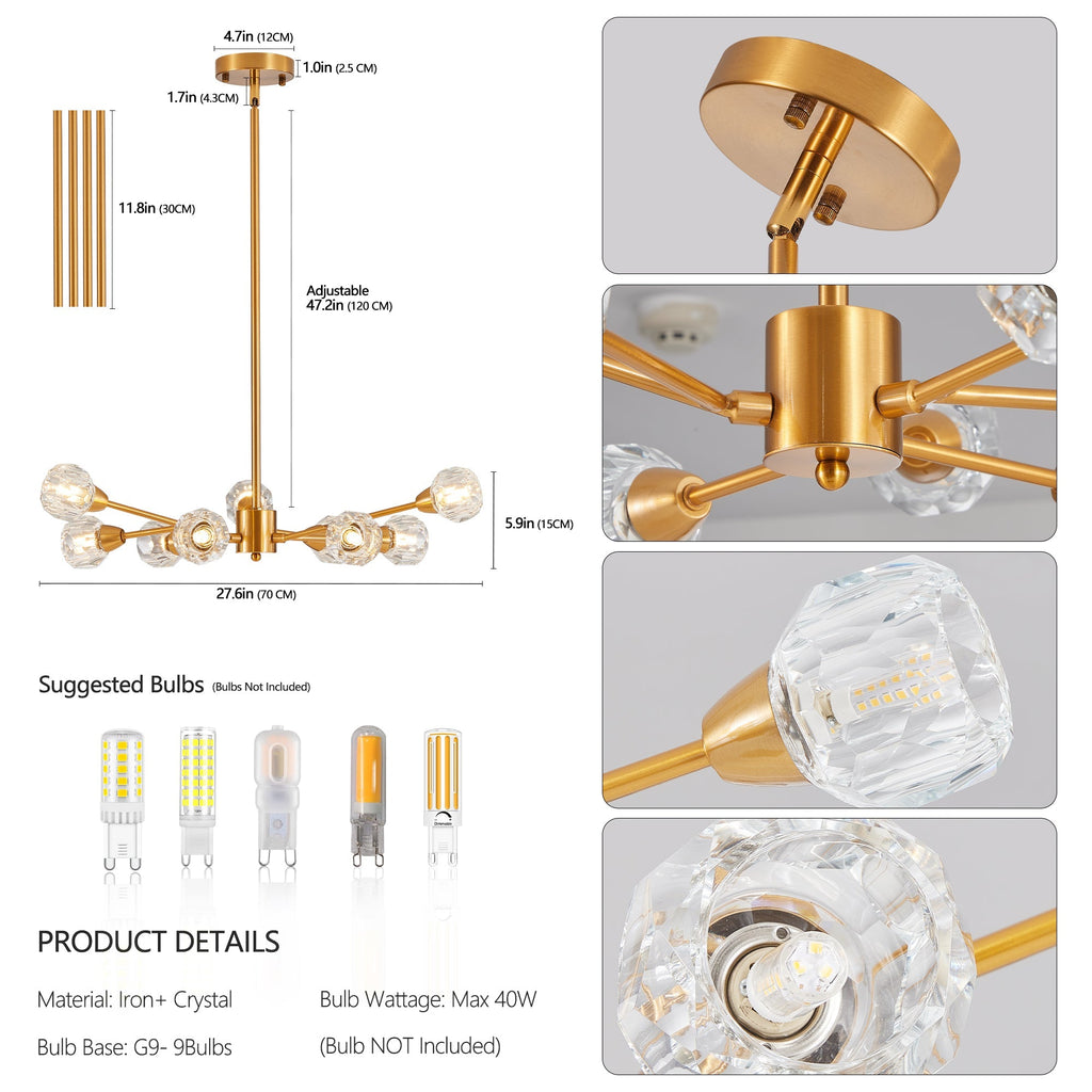 28" Modern Crystal Chandelier with 9 Lights - Golden