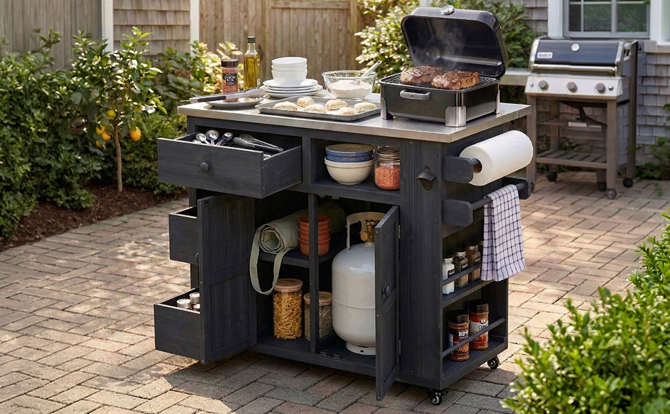 Outdoor Solid Wood Kitchen Island with Extendable Stainless Steel Top - Black, Brown, Gray