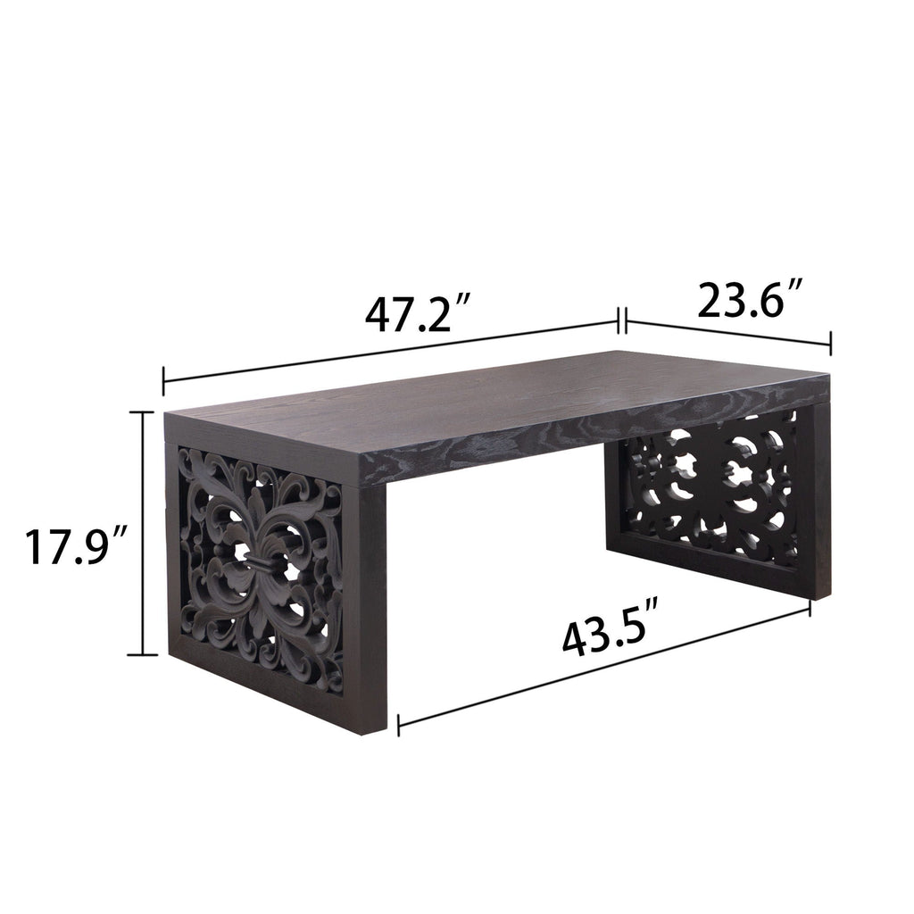 Rustic Carved Wood Coffee Table with Handcrafted Look - Light Brown or Black