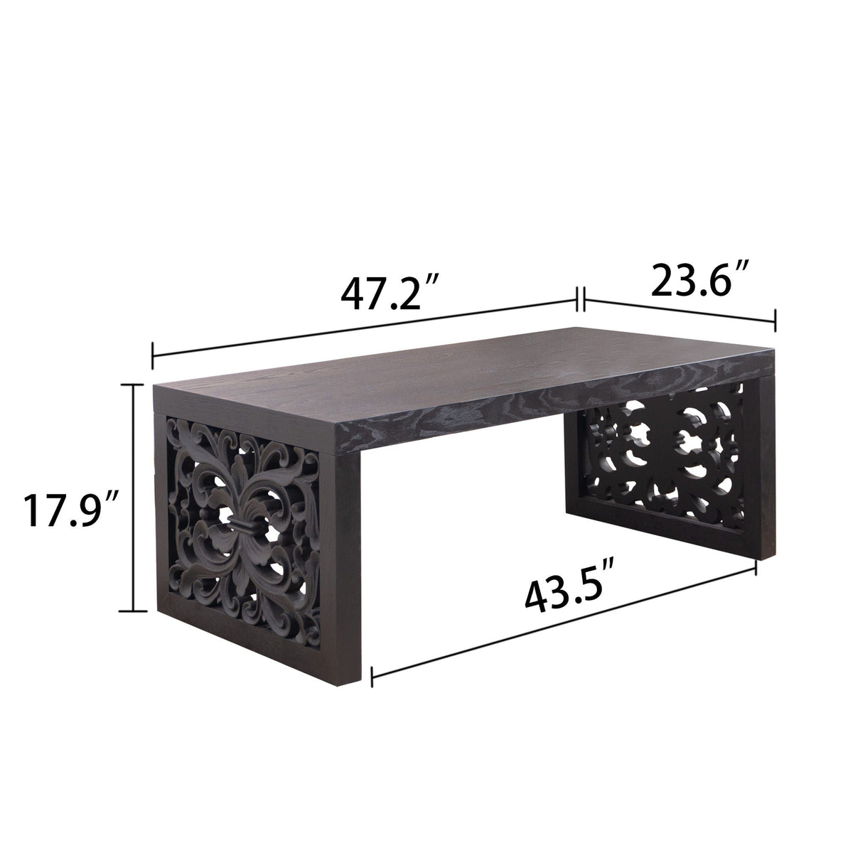 Rustic Carved Wood Coffee Table with Handcrafted Look - Light Brown or Black