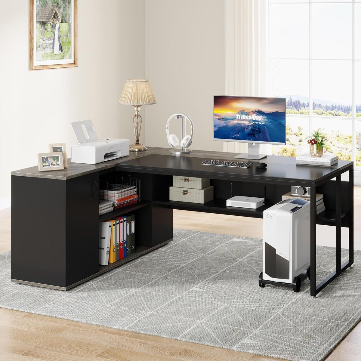L-Shaped Executive Desk with Cabinet Storage - Dark Gray or Black