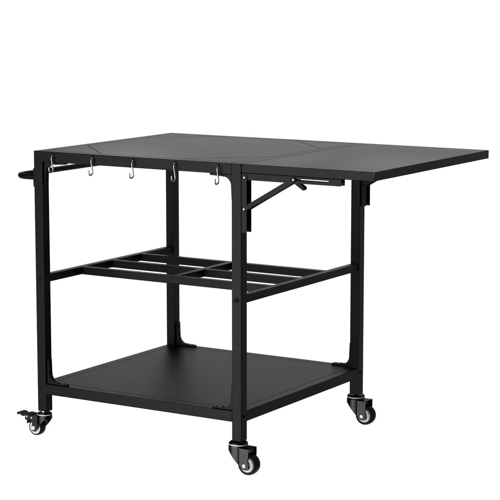 Outdoor Grill Table with Wheels and Storage Shelf - Black