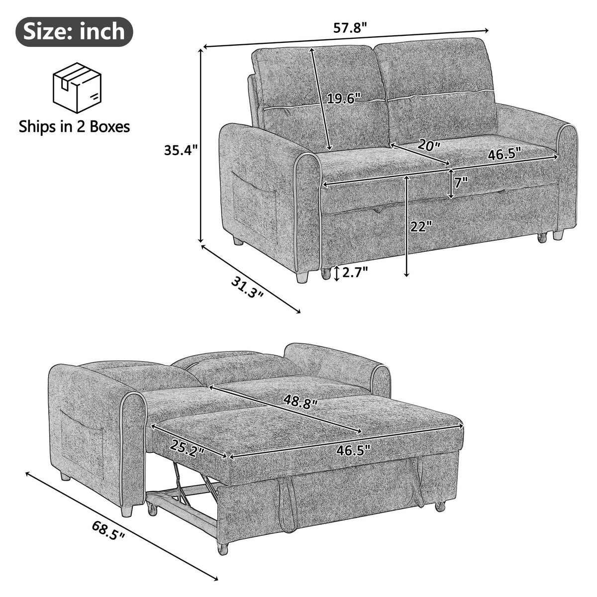 Pull Out Sofa Bed with Adjustable Backrest and USB Ports - Dark Gray, Black or Blue