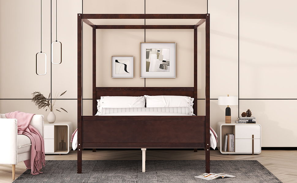 Canopy Platform Bed with Headboard and Footboard, Slat Support Leg - Queen