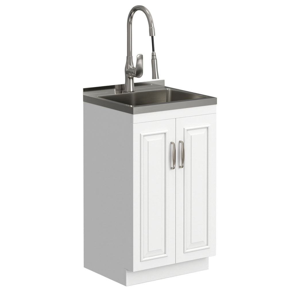 Deluxe Laundry Cabinet with Pull-Out Faucet and Stainless Steel Sink - White