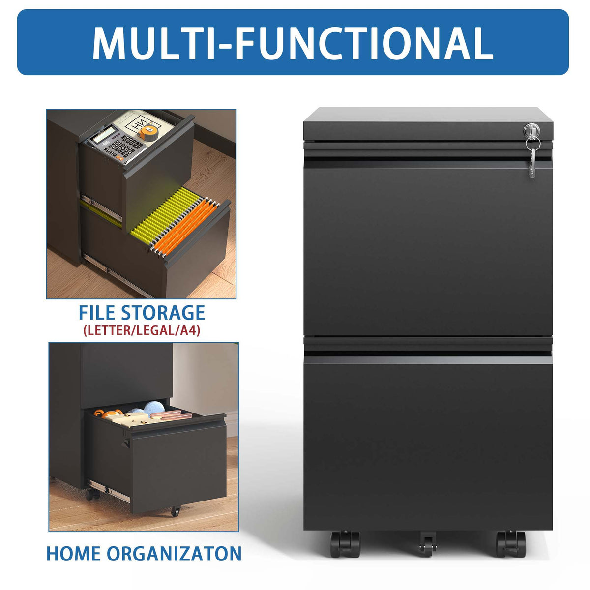Metal Drawer Mobile File Cabinet with Lock for Secure Organization - White or Black