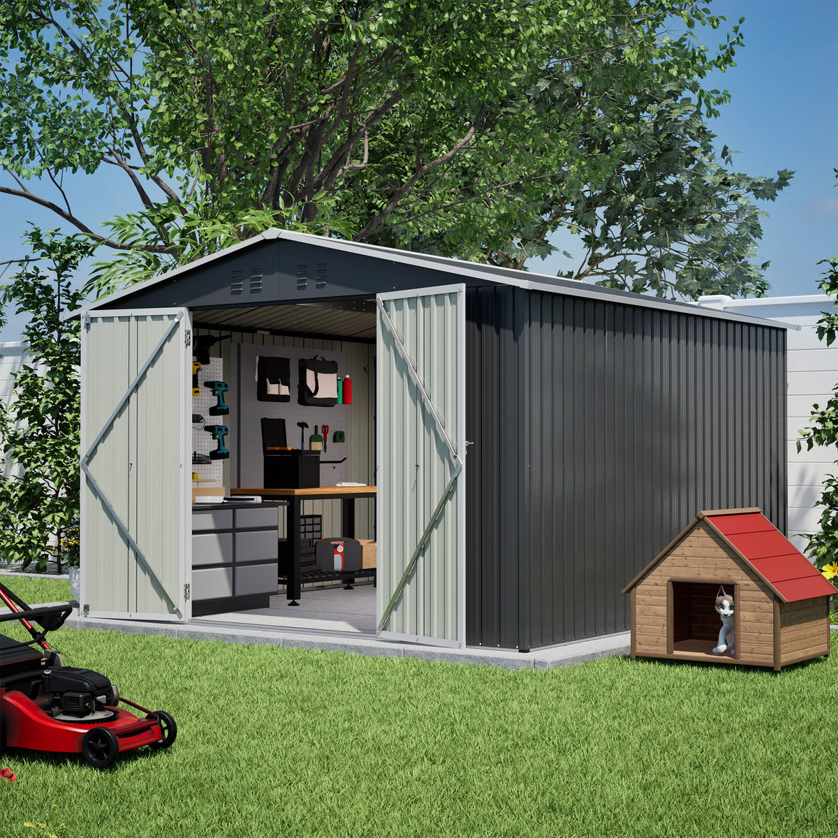 10x10 FT Metal Outdoor Storage Shed with Lockable Double Doors - Black