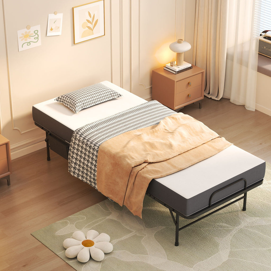 Twin Folding Bed with Memory Foam Mattress - Space Saving Rollaway - Black