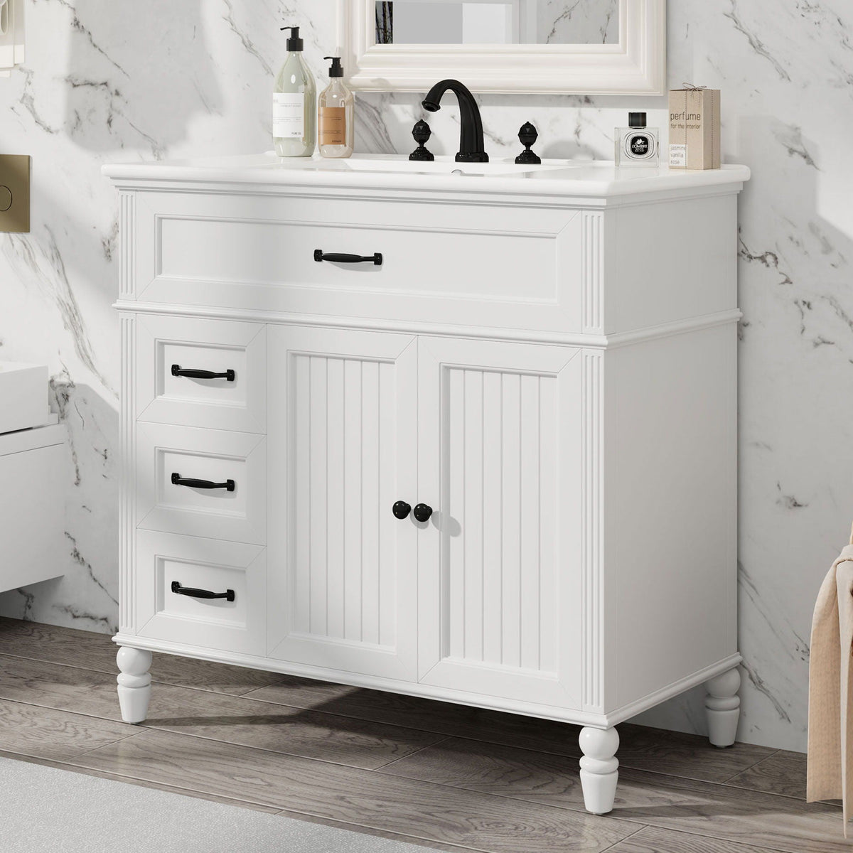Bathroom Vanity With Sink and Drawers - Freestanding Solid Wood Cabinet