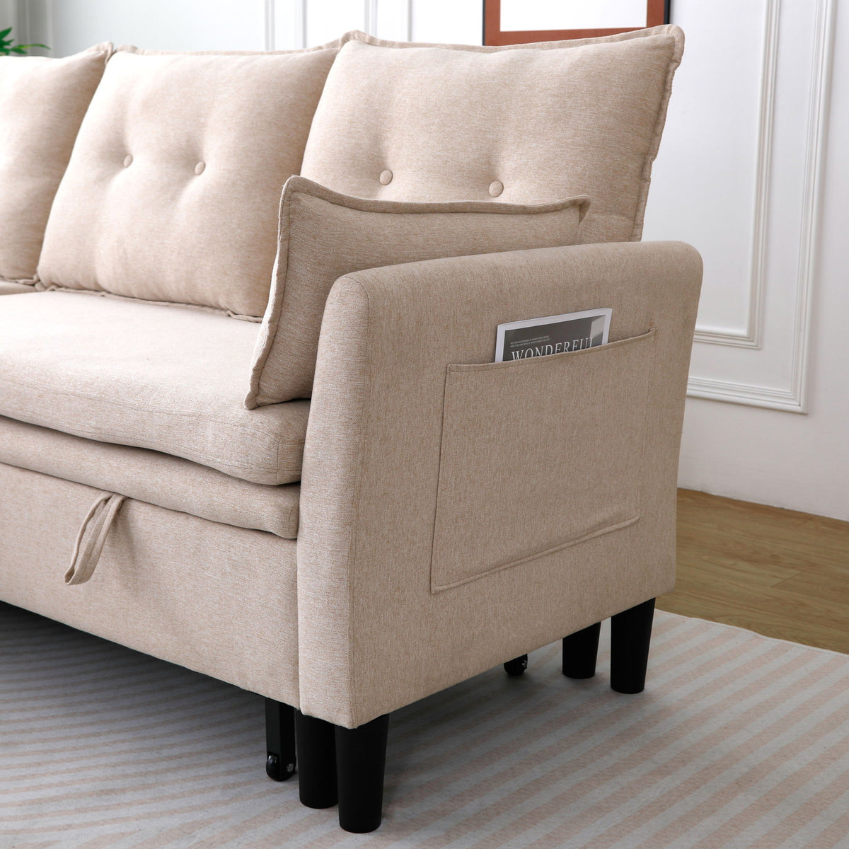 Reversible Chaise Sleeper Sectional Sofa with Storage - Cotton-Linen Upholstery