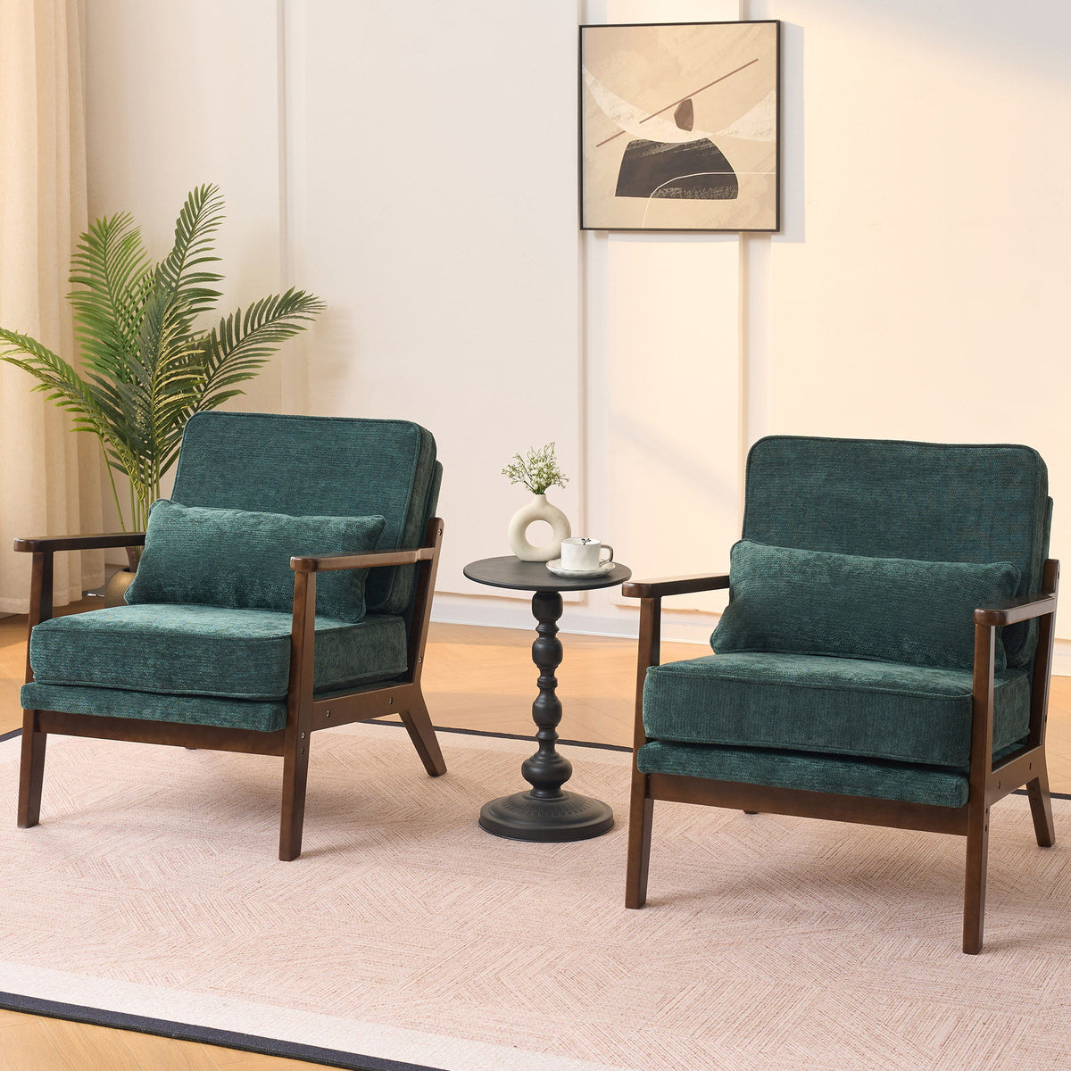 Living Room Chair with Lumbar Pillow and Solid Wood Frame - Dark Gray, Dark Green, Beige