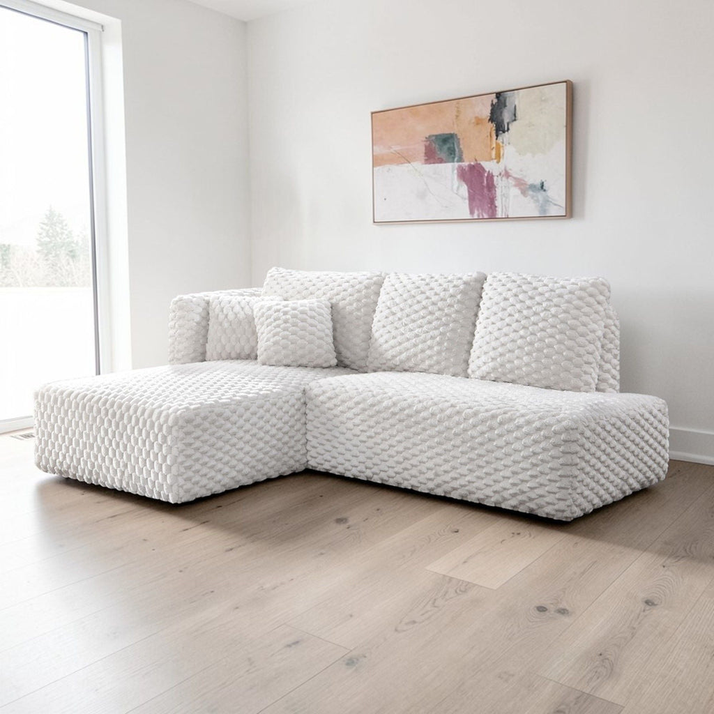 Ivory Sectional Sofa with Chaise - Corduroy Upholstery