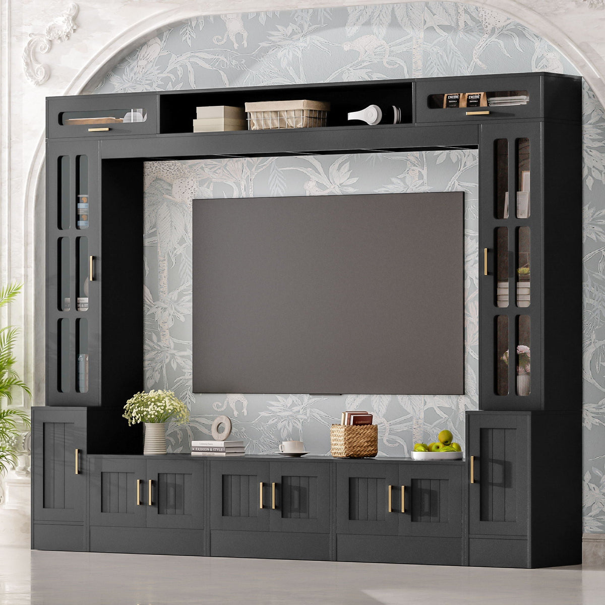 Wall Unit Entertainment Center with Glass Doors - White or Black