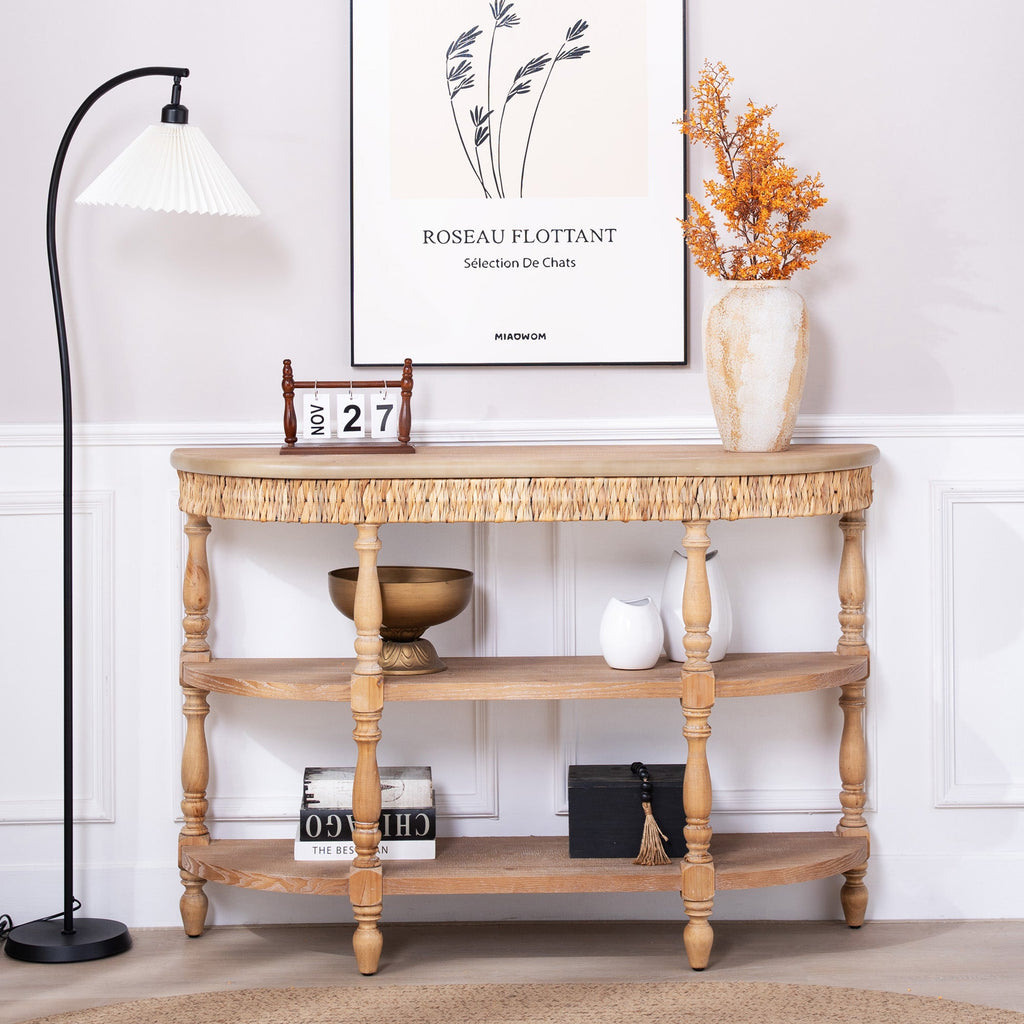 Handcrafted Wood Console Table with Hand-Woven Trim - Natural