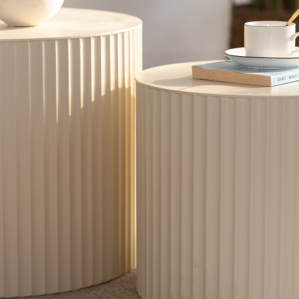 Beige Nesting Coffee Table Set of 2 – Modern Drum Side Tables with Wave Design - Beige