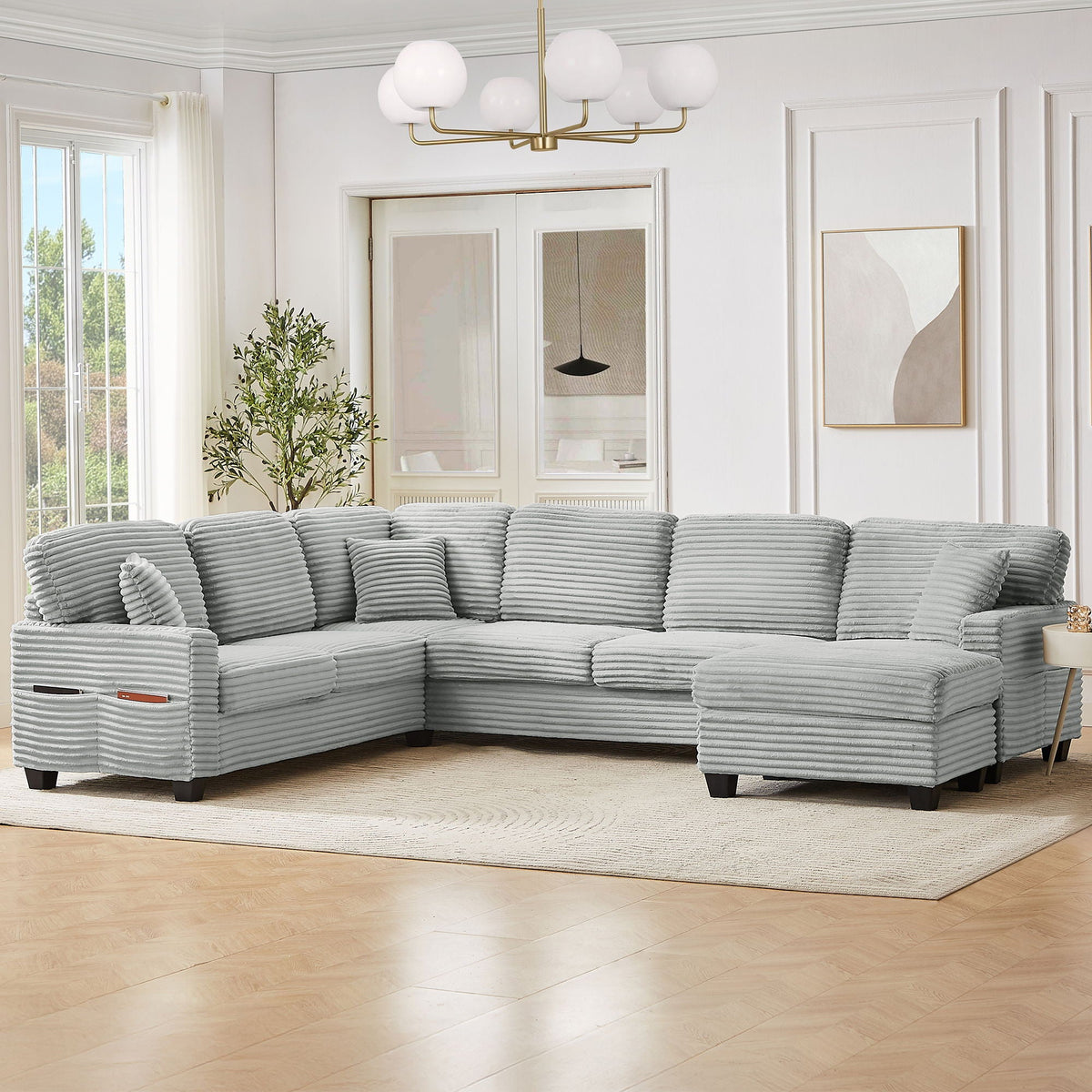 U-Shaped Upholstered Sectional Sofa with Movable Ottoman