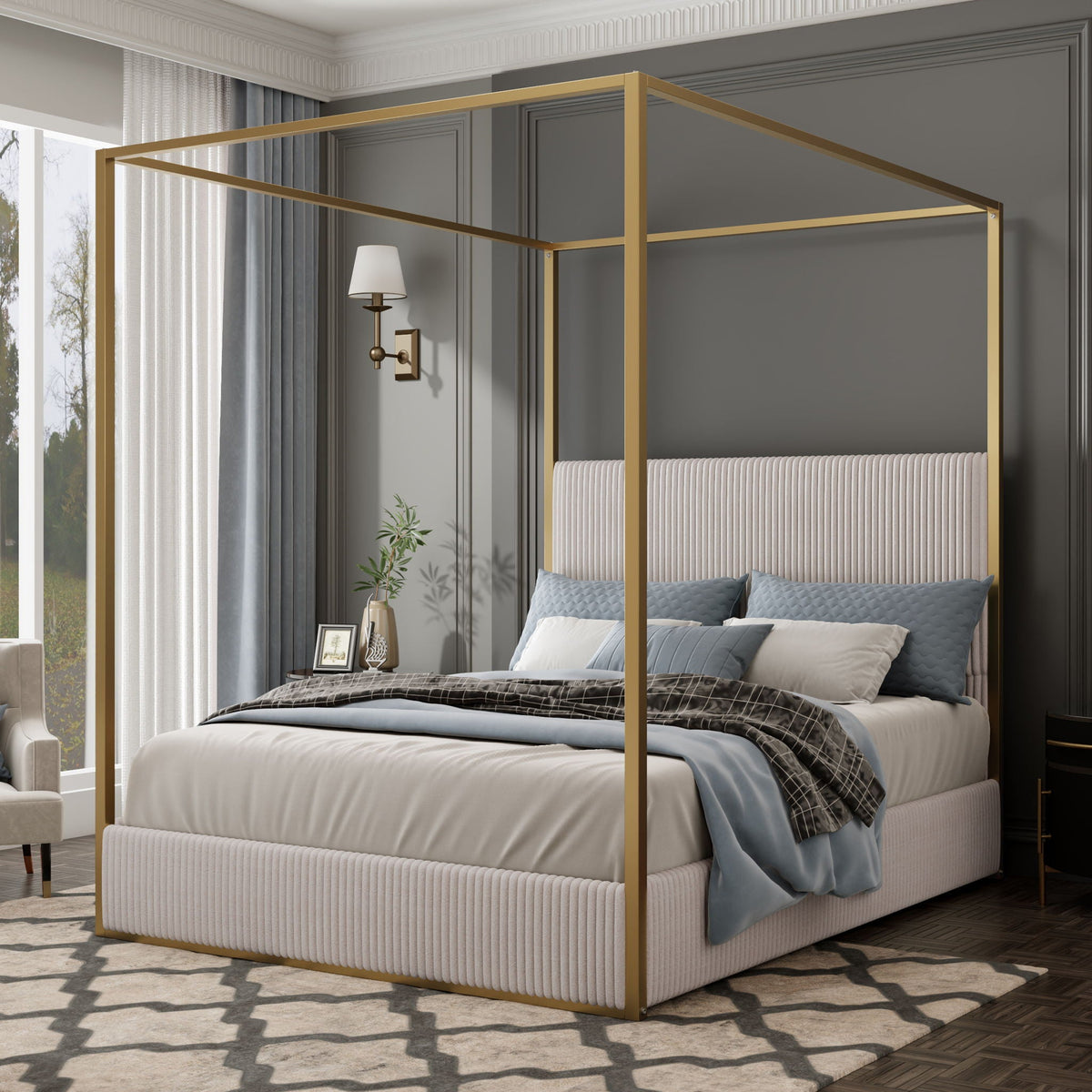 Luxury Canopy Bed with Upholstered Headboard - King, Beige