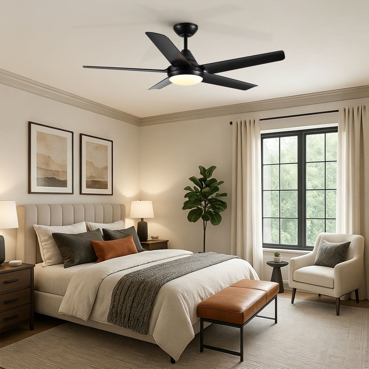 48" Black Ceiling Fan with Dimmable LED Light and Remote Control - Reversible Motor
