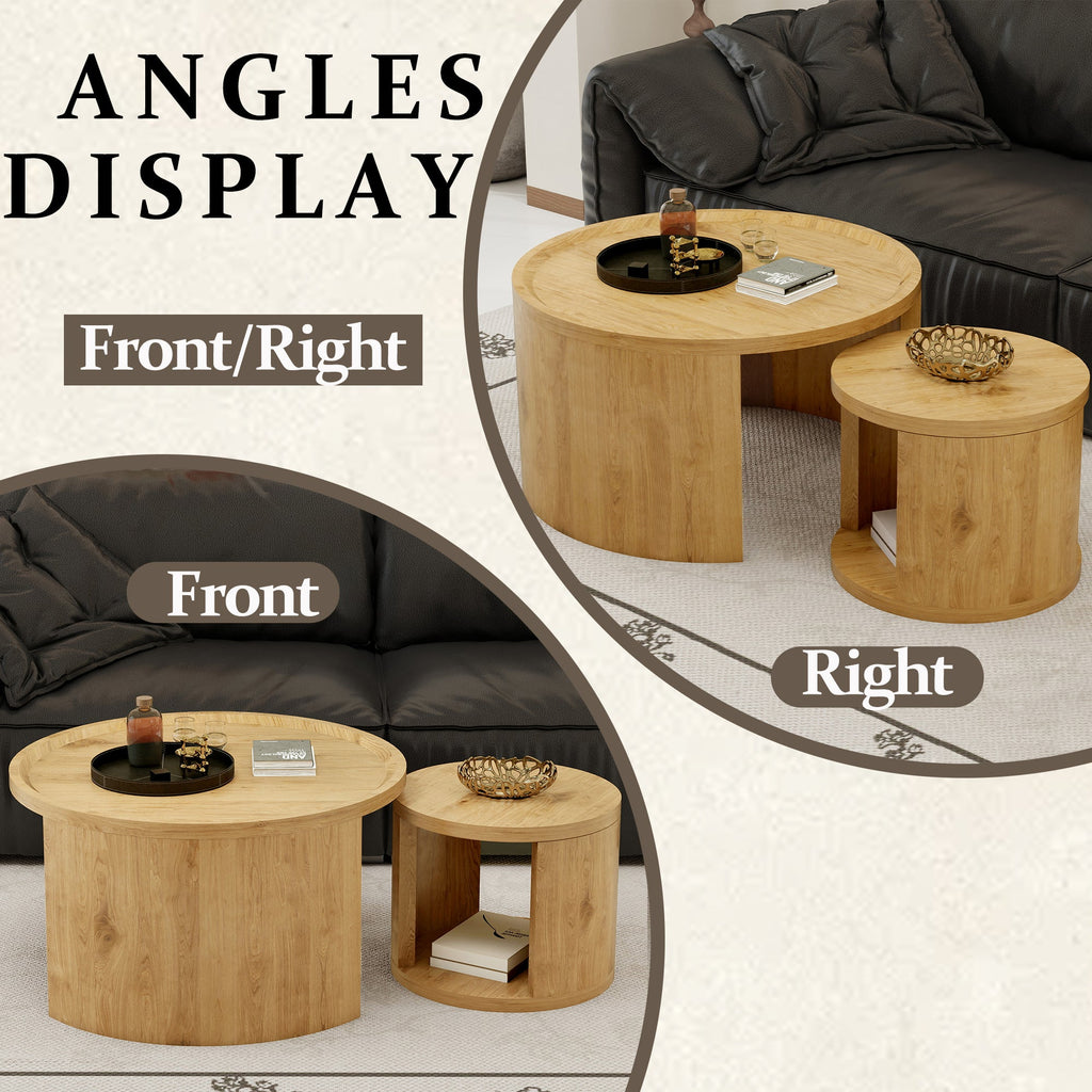 Modern Round Nesting Coffee Table Set of 2 with Wood Tops