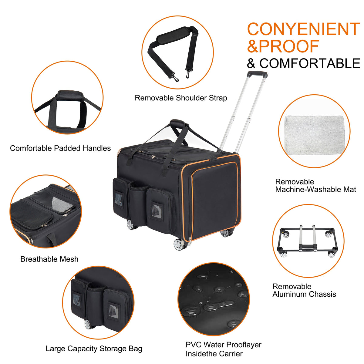 2 in 1 Large Cat Carrier with Rolling Wheels and Expandable Design - Black
