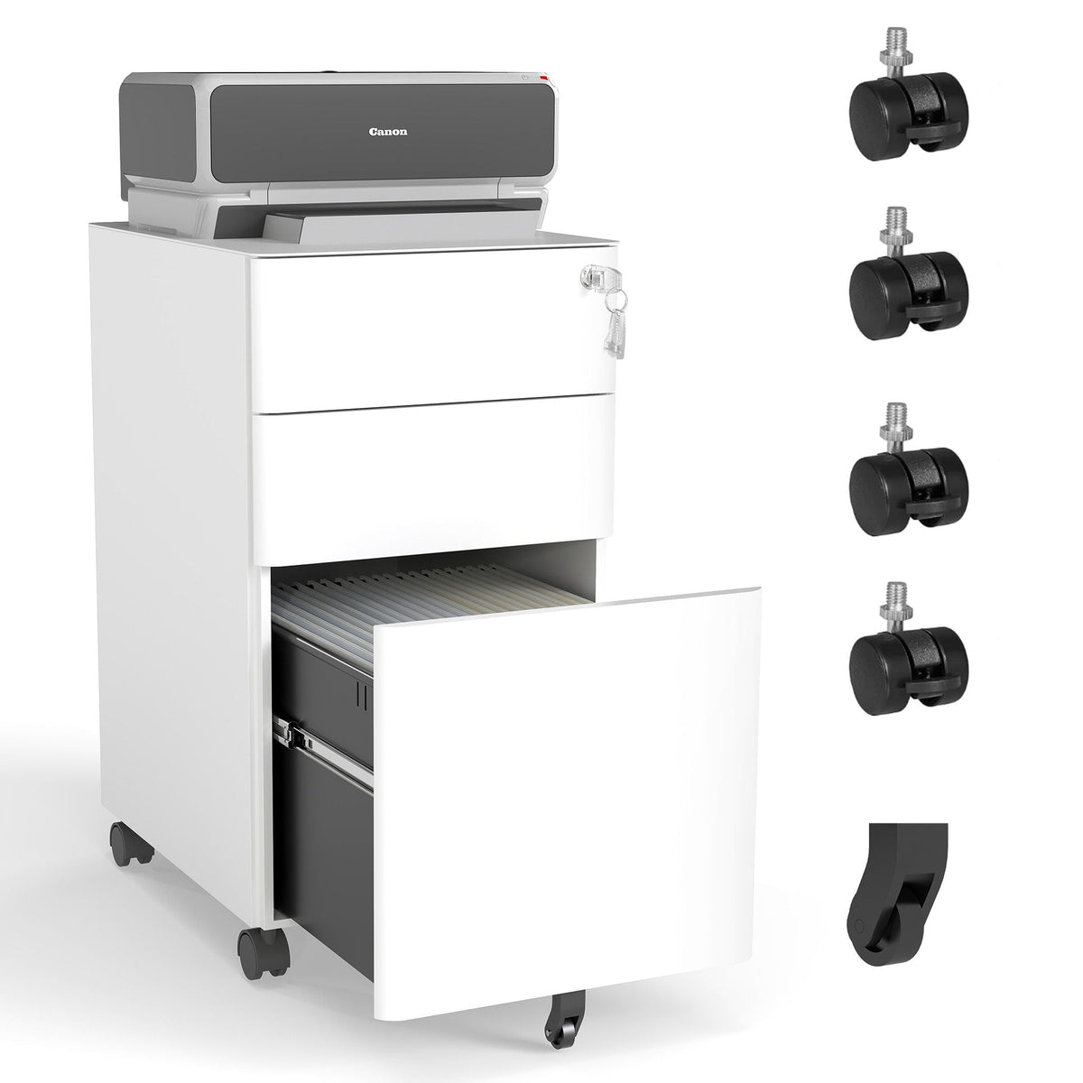 3-Drawer Mobile File Cabinet with Lock and Wheels - White