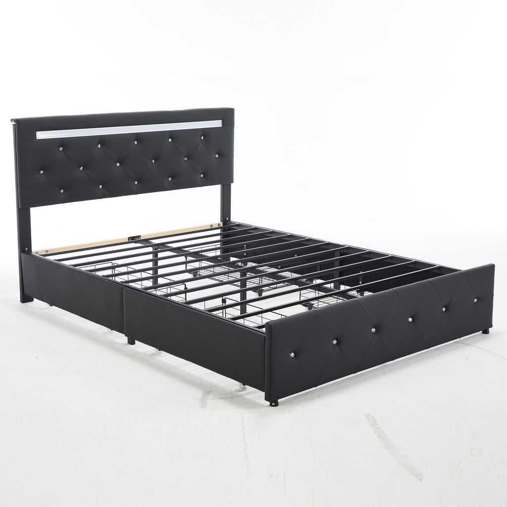Upholstered Storage Bed Frame with LED Lights and Drawers – White or Black