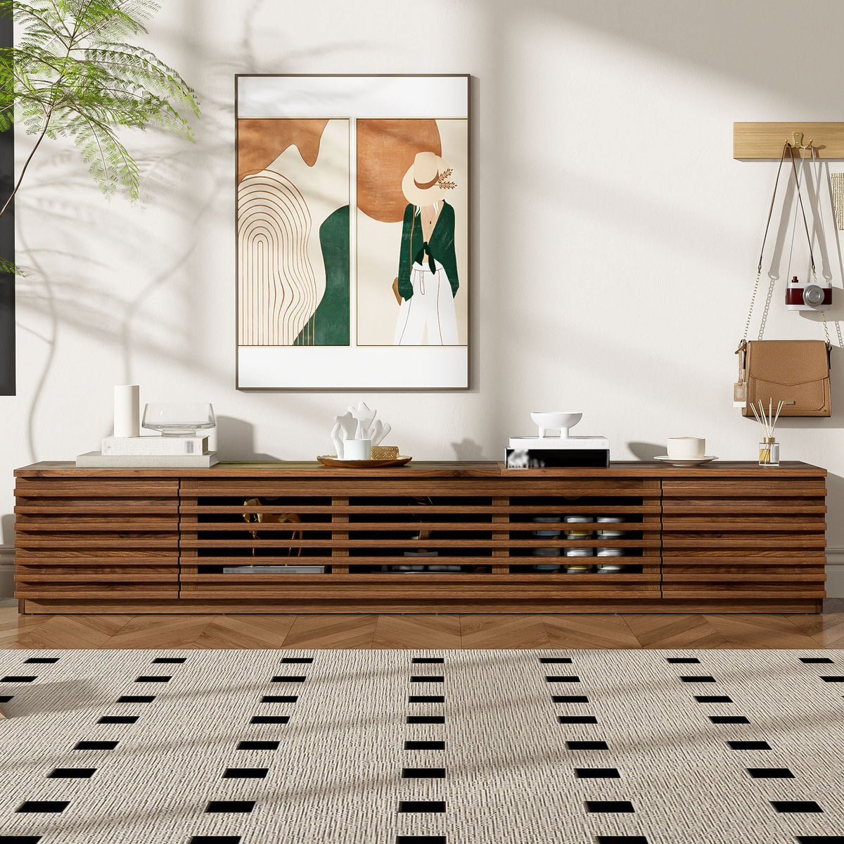 Walnut TV Stand for TVs with Cable Management and Soft-Closing Hinges - Walnut