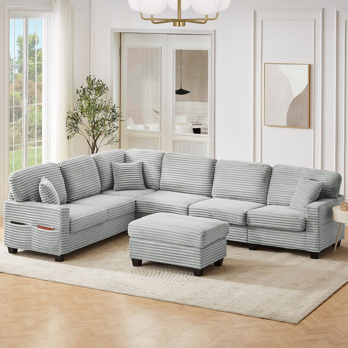 U-Shaped Upholstered Sectional Sofa with Movable Ottoman