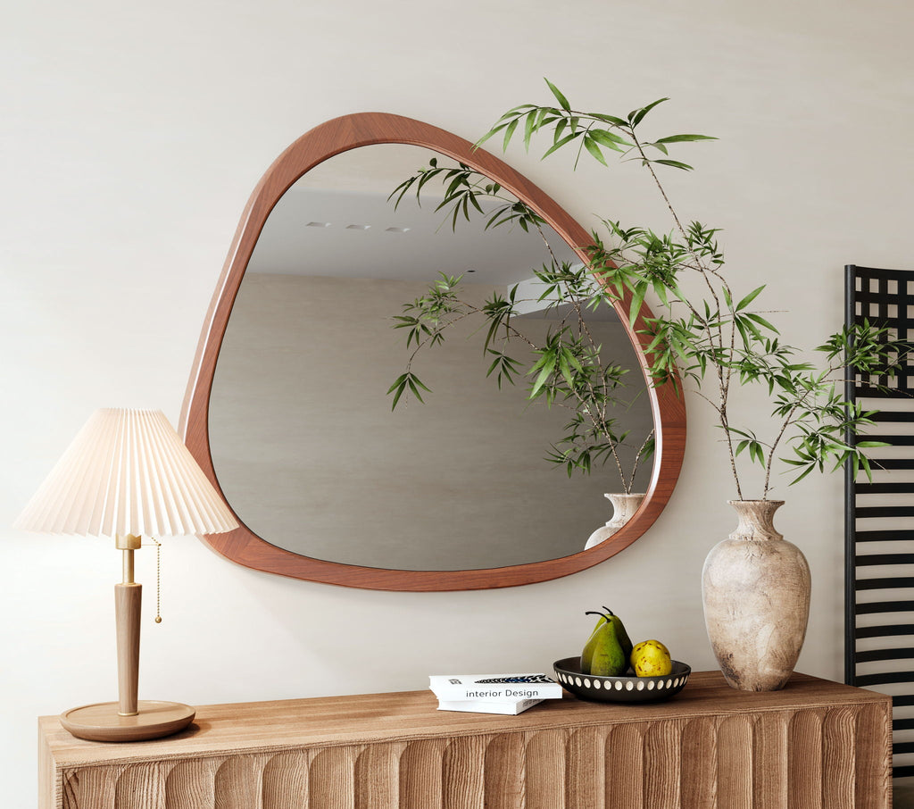 Asymmetrical Wall Mirror with Solid Natural Wood Frame - Large Sized Dressing Mirror