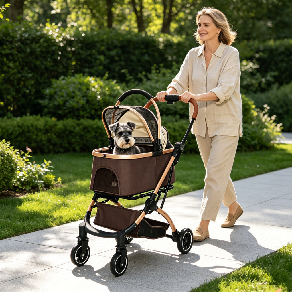 2-in-1 Foldable Pet Stroller with Sun Canopy - Khaki & Gold