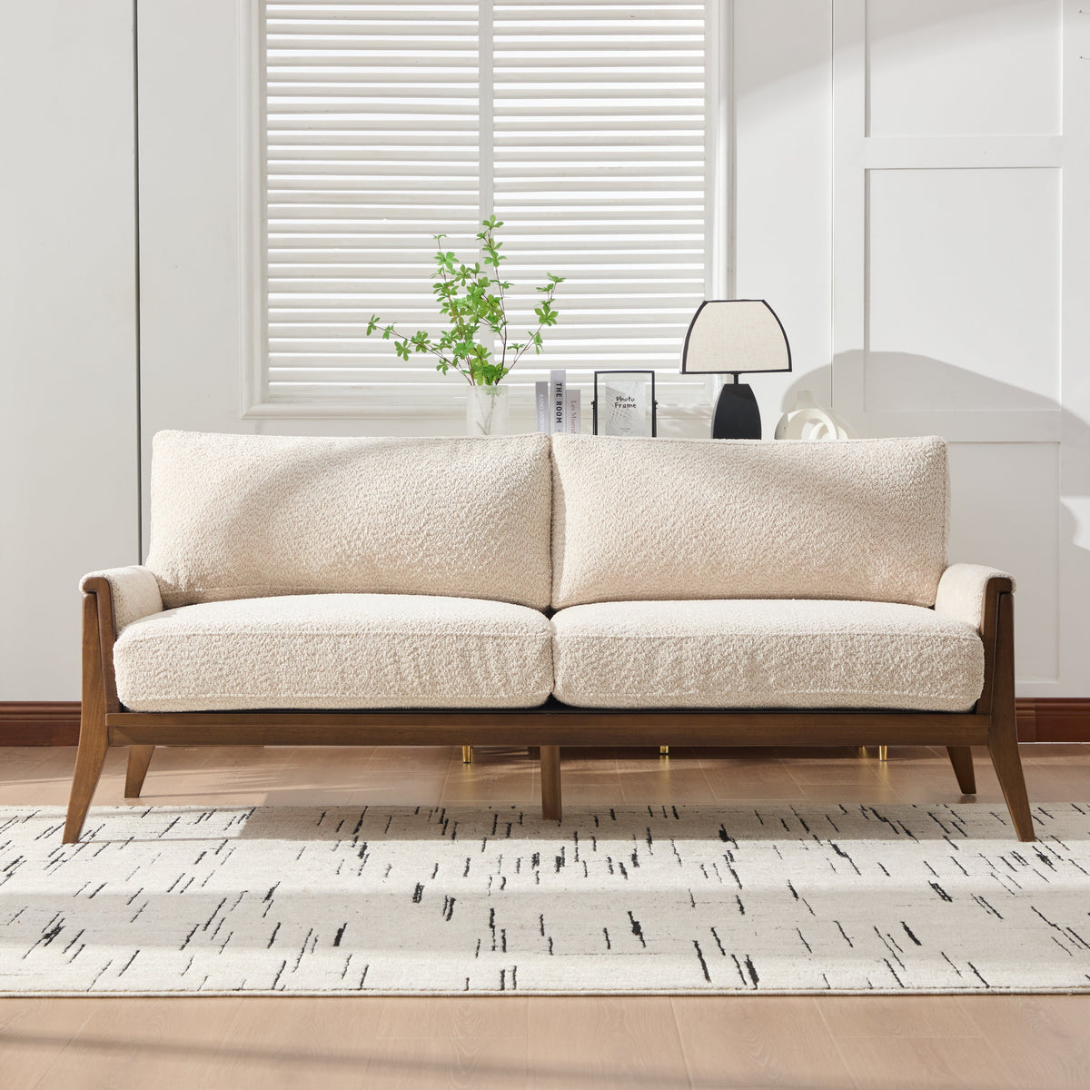 Mid-Century Modern Boucle Fabric Sofa with Solid Wood Frame