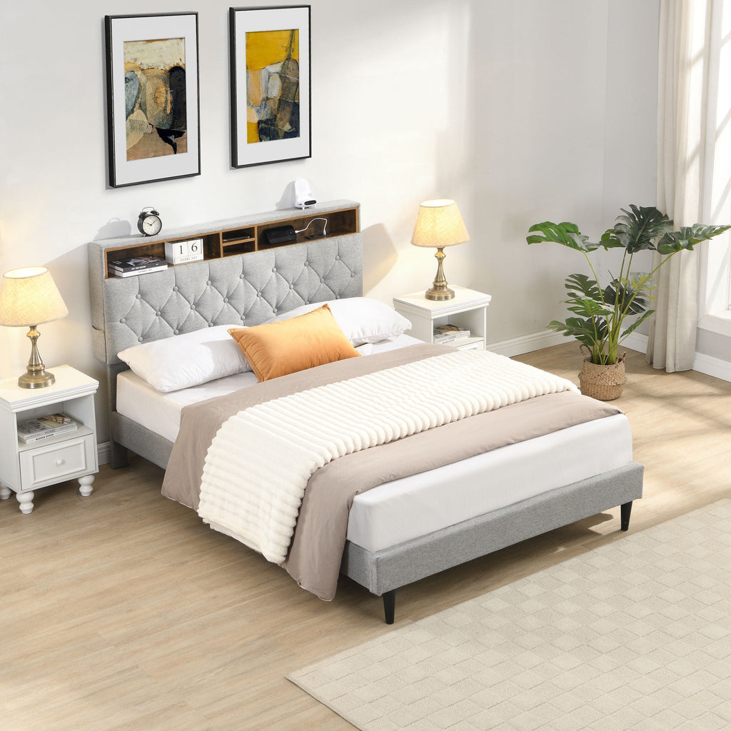 Modern Upholstered Platform Bed Frame with USB Ports - Gray or Dark Gray