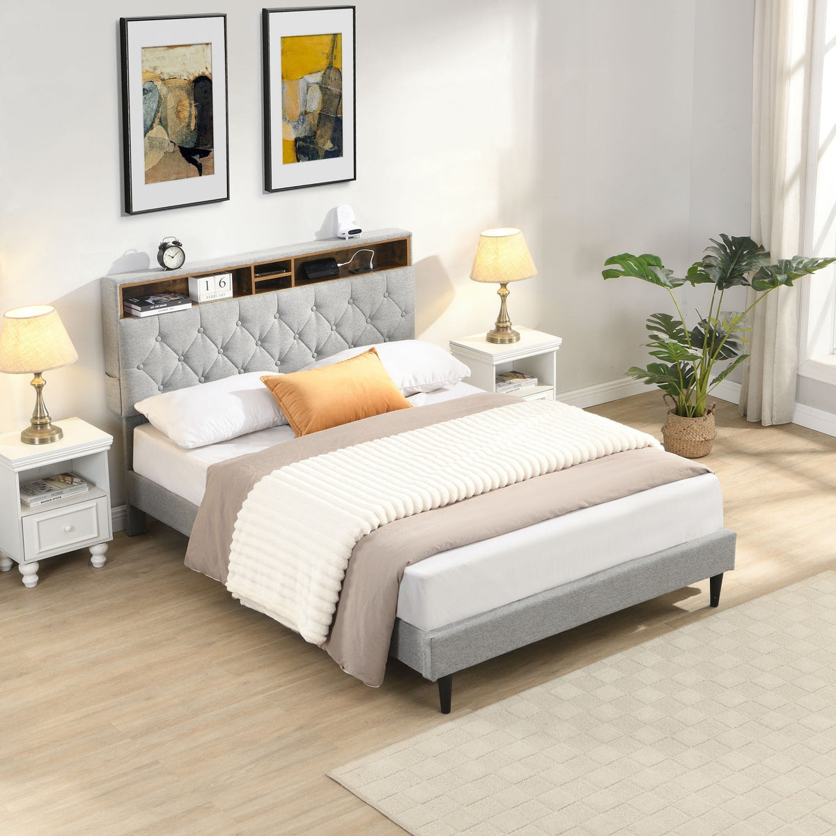 Modern Upholstered Platform Bed Frame with USB Ports - Gray or Dark Gray