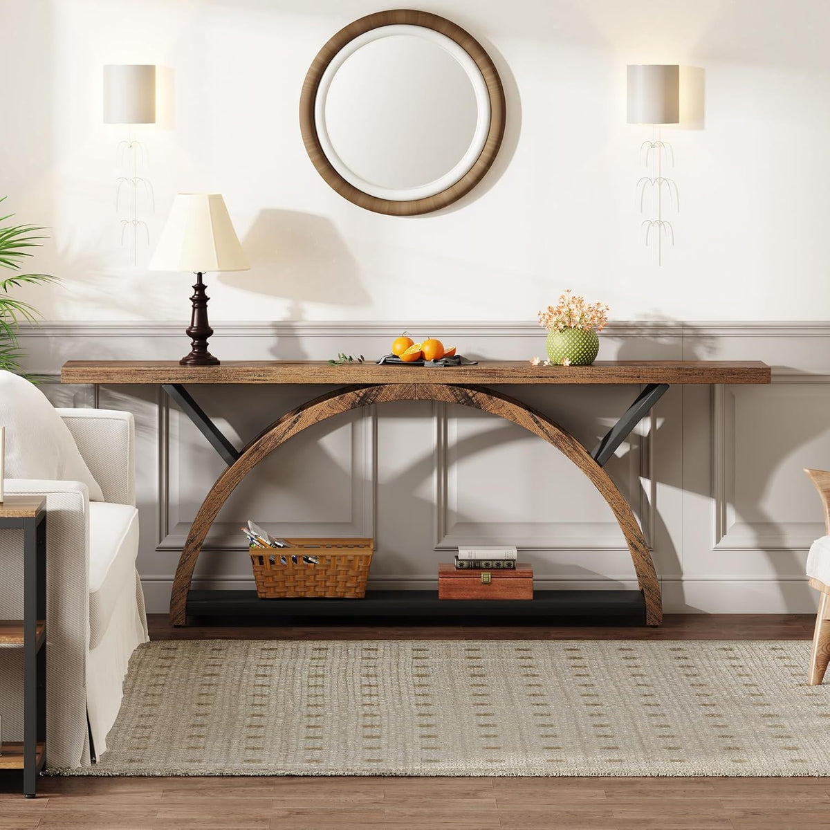Console Table with 2-Tier Storage and Half Moon Frame - Brown / Black