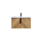 36 Inch Wall-Mounted Bathroom Vanity with 3D Fluted Panel & Ceramic Sink - Golden Oak