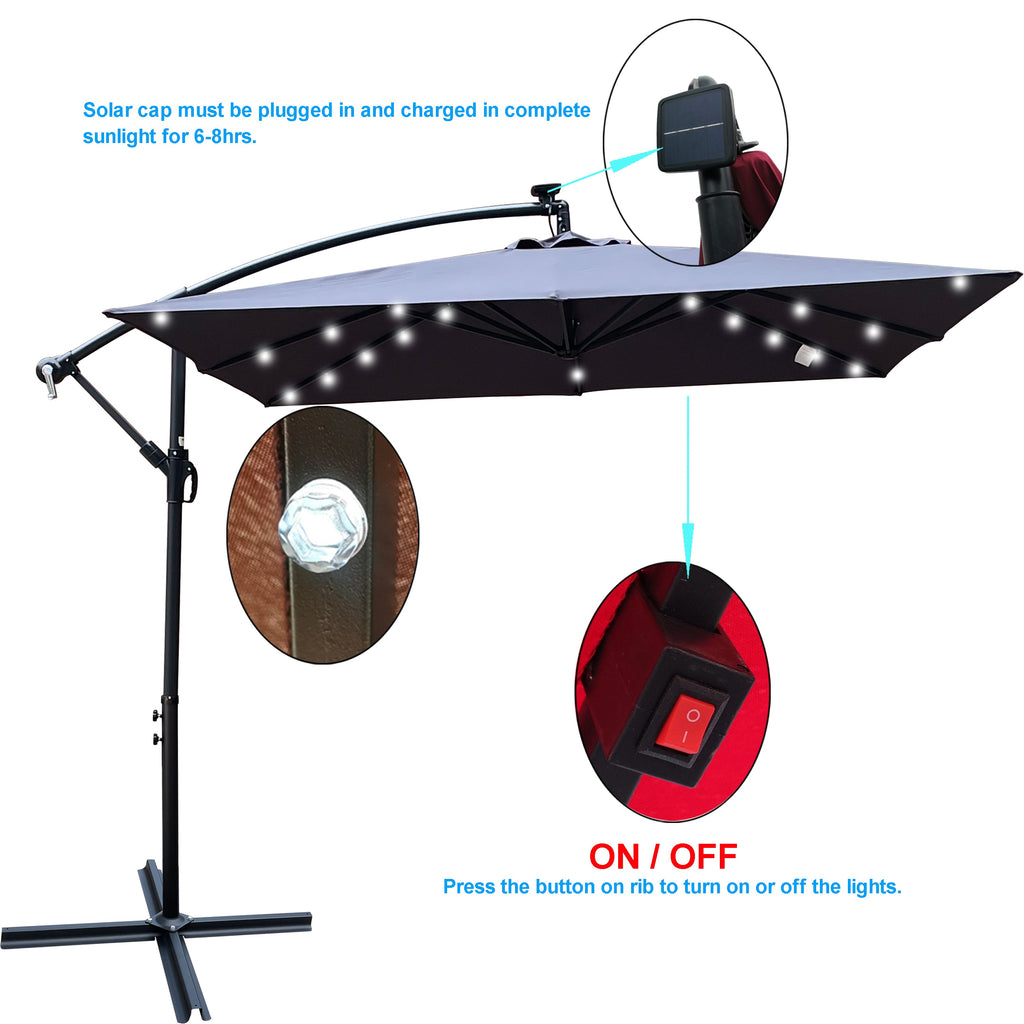 Square Solar-Powered LED Outdoor Patio Umbrella with Steel Pole - Black