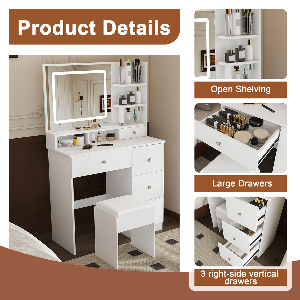 Fashion Vanity Desk with Mirror & Dimmable LED Lights - White MDF