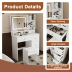 Fashion Vanity Desk with Mirror & Dimmable LED Lights - White MDF